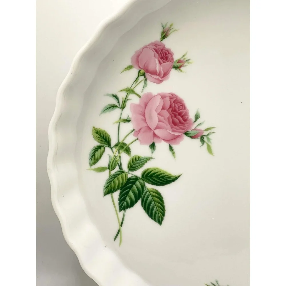 Christineholm Porcelain Quiche Tart Dish Pink Rose Floral Fluted White‎ Round